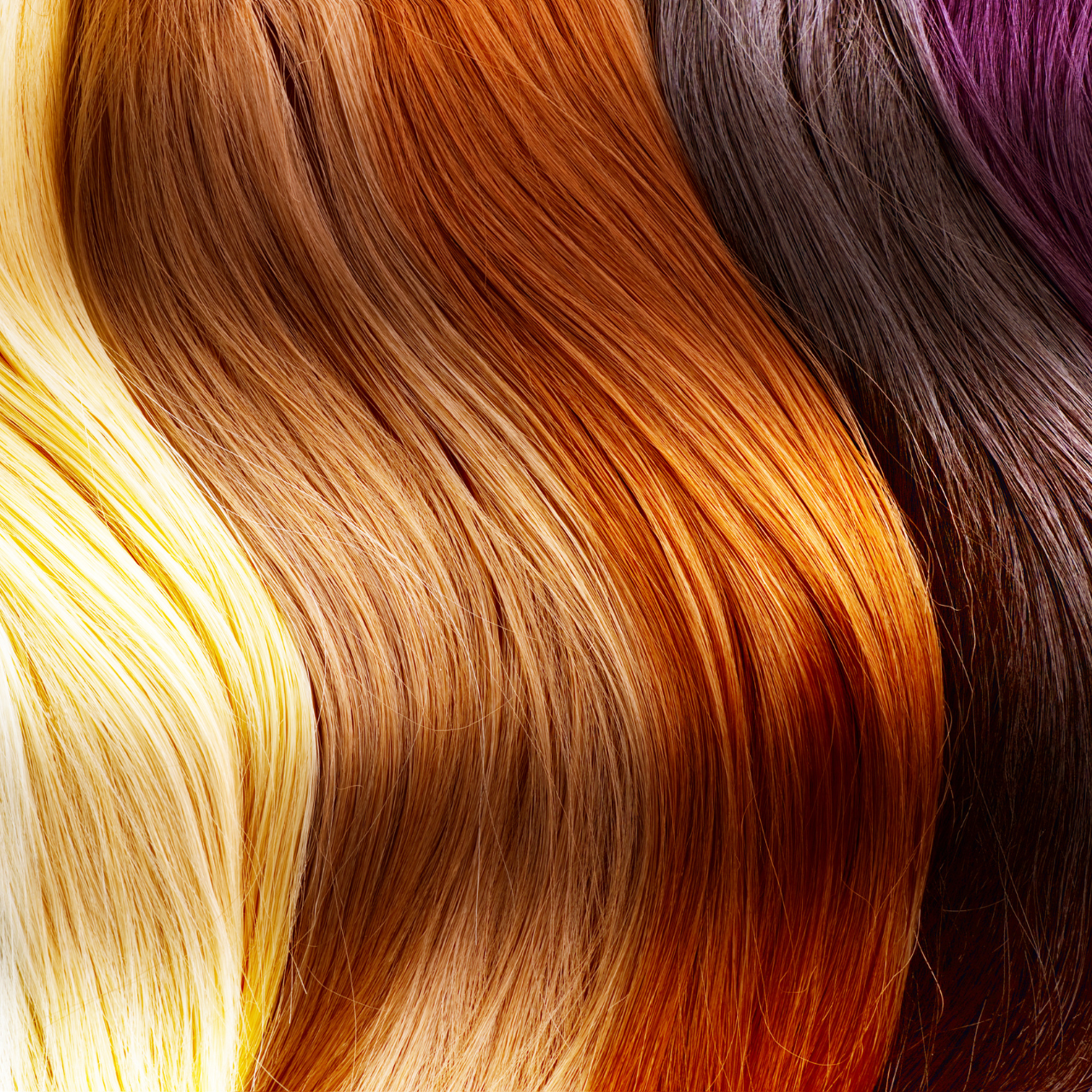 Close-up of four sections of wavy hair in platinum blonde, light brown, reddish copper, and dark purple—smooth, shiny strands side by side. Discover your perfect shade at the Best Beauty Salon in Hisar, Haryana.